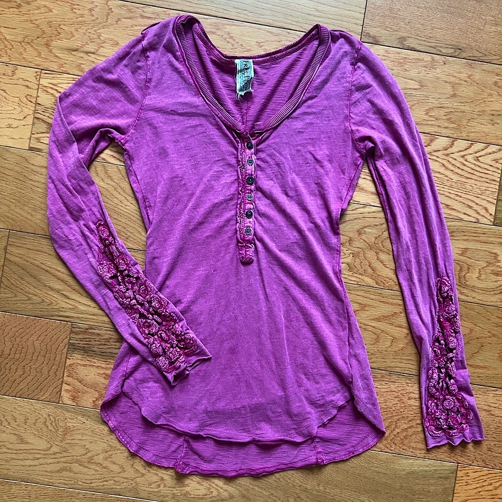 Free People Purple Long Sleeve Henley Top with crochet lace cuffs size small
